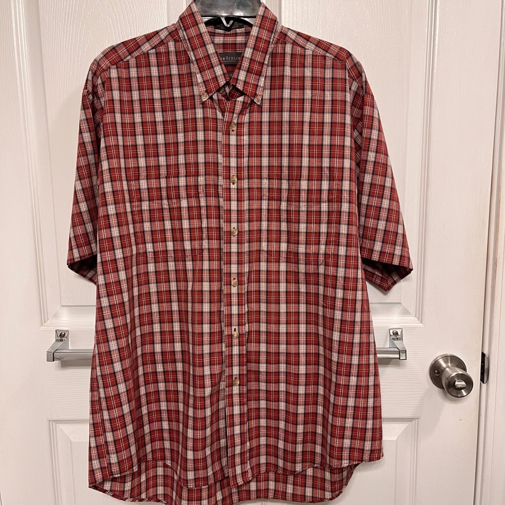 Van Heusen Mens Large Red Plaid Short Sleeve Wrinkle Free Button Down Shirt L